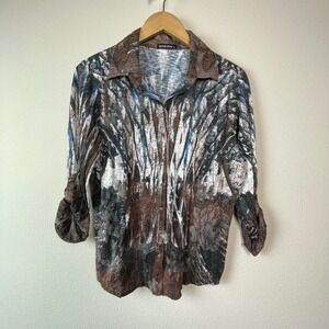 David Cline Nut‎ Women's L Long Sleeve Button Up Shirt Abstract Print Blue Brown